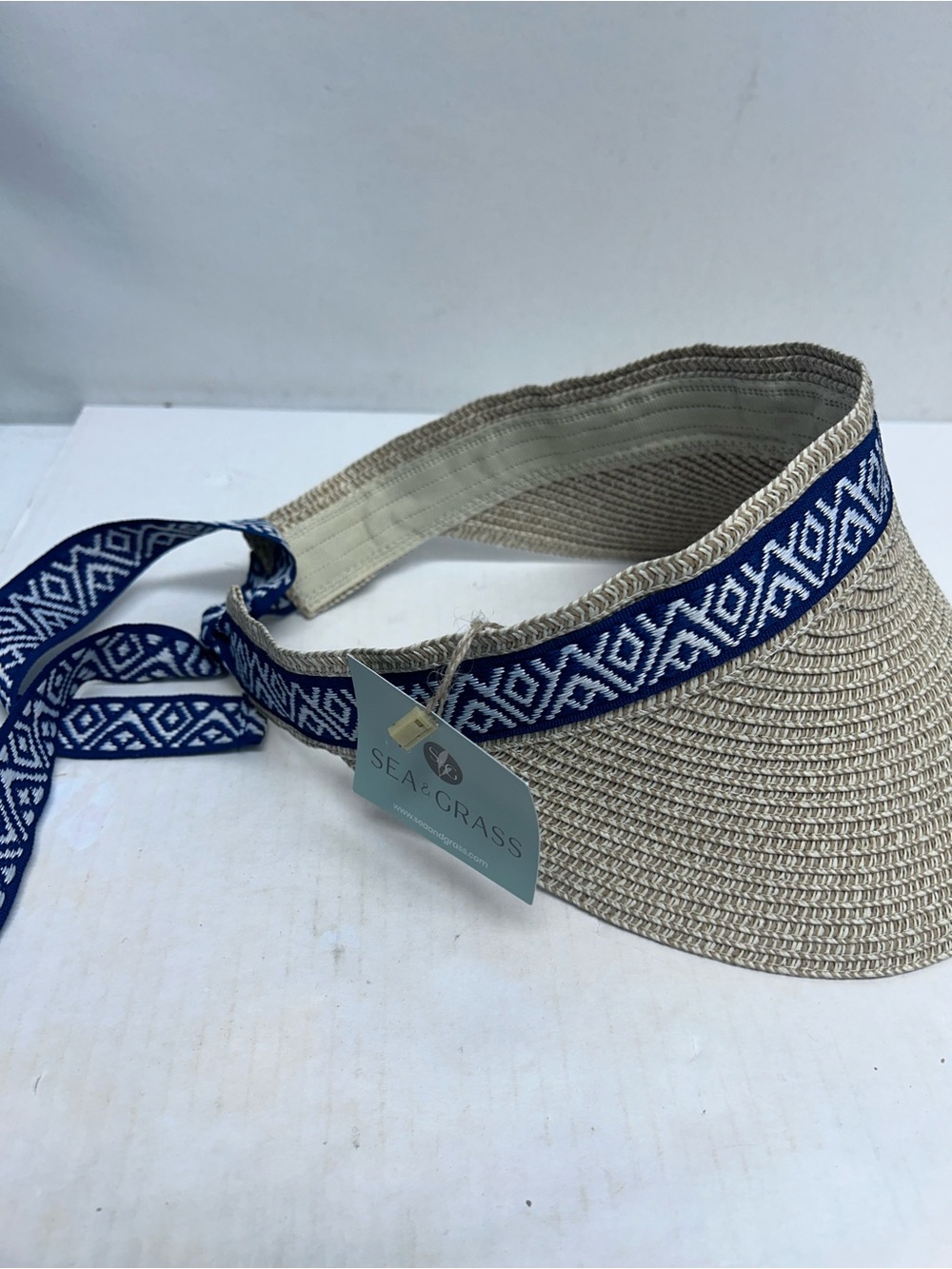 Sea & Grass Natural Straw Visor with Navy Geometric Tie